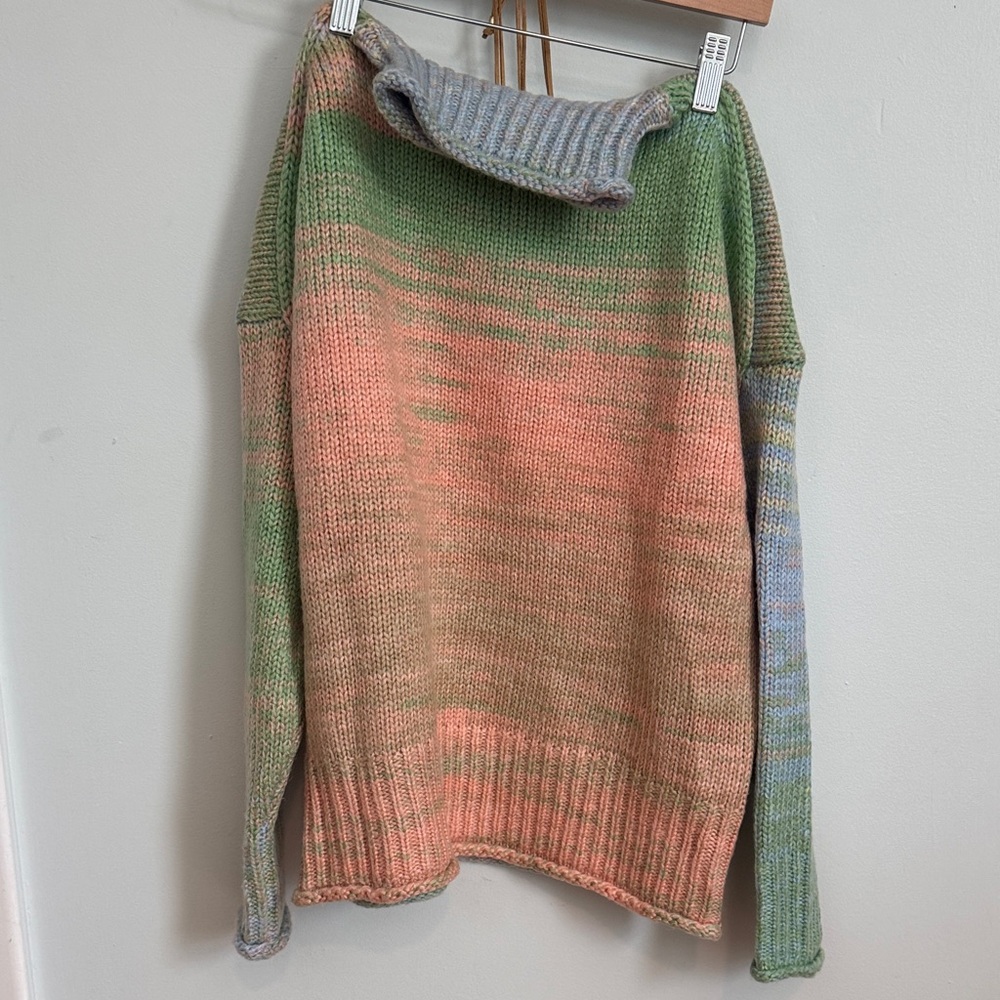 Like New Anthropologie 525 America Green and Pink Cowl Neck Sweater Size S